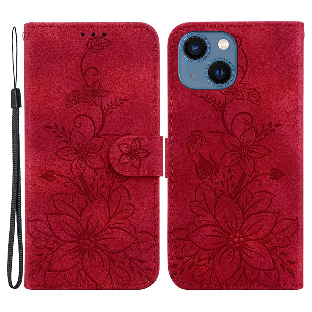 For iPhone 15 Imprinted Lily Flower Case PU Leather Folio Flip Wallet Stand Shell