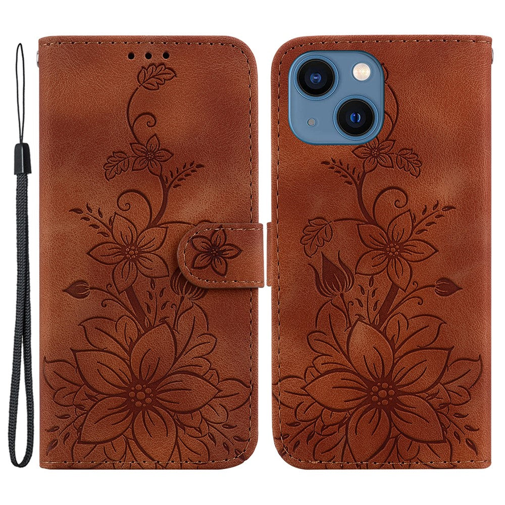 For iPhone 15 Imprinted Lily Flower Case PU Leather Folio Flip Wallet Stand Shell