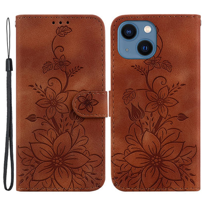 For iPhone 15 Imprinted Lily Flower Case PU Leather Folio Flip Wallet Stand Shell