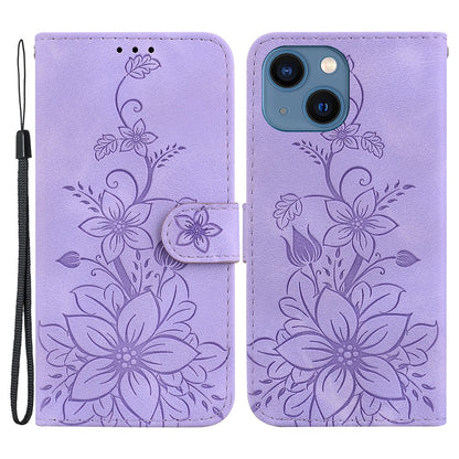 For iPhone 15 Imprinted Lily Flower Case PU Leather Folio Flip Wallet Stand Shell