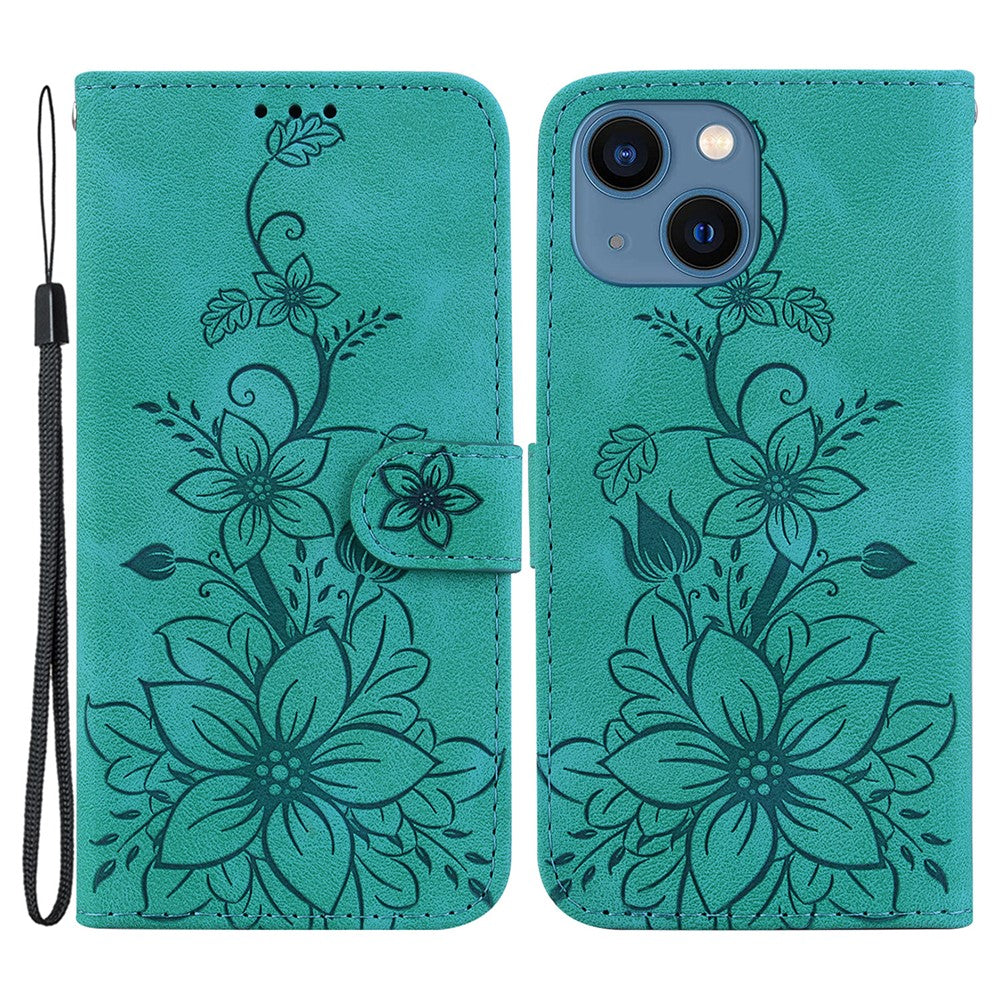For iPhone 15 Imprinted Lily Flower Case PU Leather Folio Flip Wallet Stand Shell