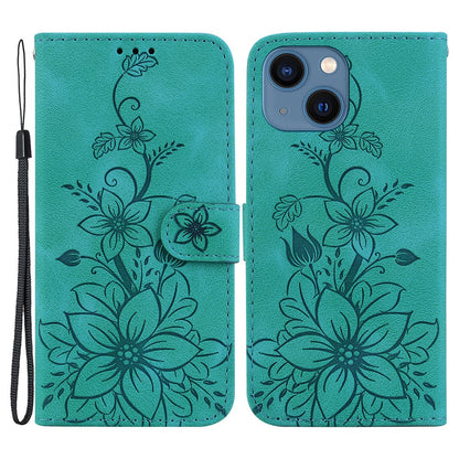For iPhone 15 Imprinted Lily Flower Case PU Leather Folio Flip Wallet Stand Shell