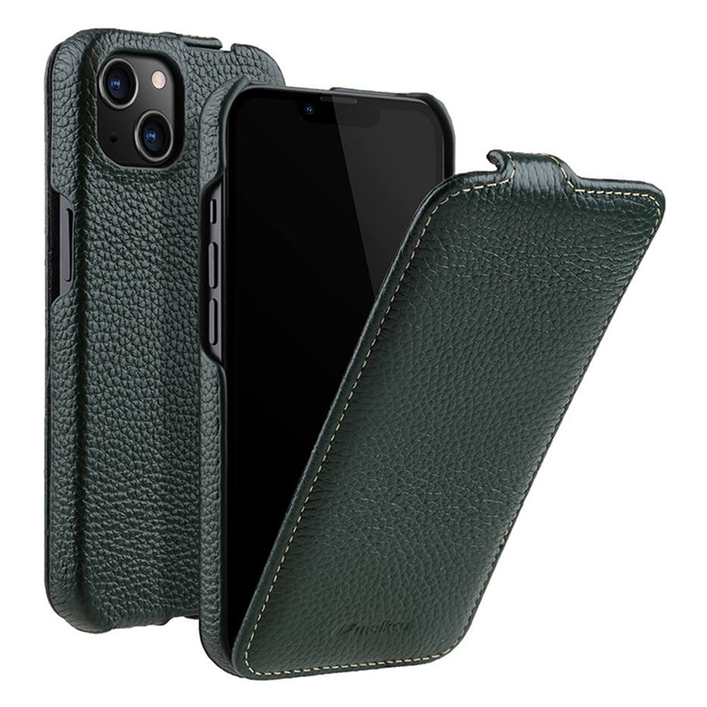 MELKCO For iPhone 14 Plus Litchi Texture Vertical Flip Cover Genuine Cow Leather+PC Phone Case