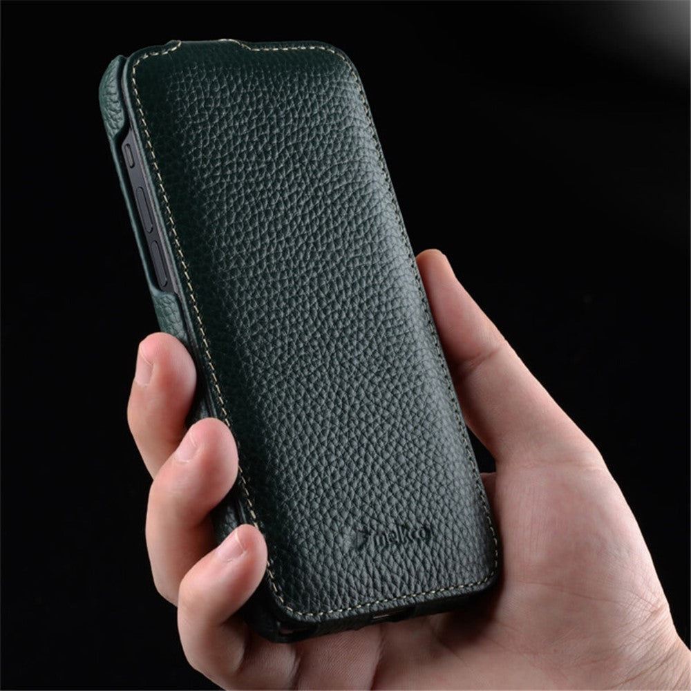 MELKCO For iPhone 14 Plus Litchi Texture Vertical Flip Cover Genuine Cow Leather+PC Phone Case