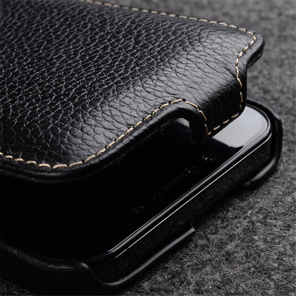 MELKCO For iPhone 14 Plus Litchi Texture Vertical Flip Cover Genuine Cow Leather+PC Phone Case
