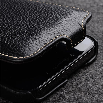 MELKCO For iPhone 14 Plus Litchi Texture Vertical Flip Cover Genuine Cow Leather+PC Phone Case