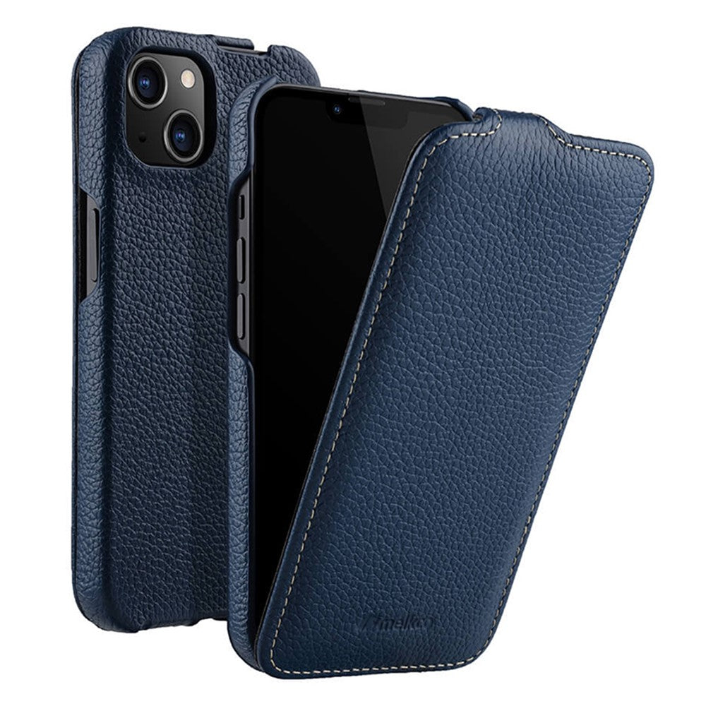 MELKCO For iPhone 14 Plus Litchi Texture Vertical Flip Cover Genuine Cow Leather+PC Phone Case