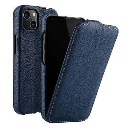 MELKCO For iPhone 14 Plus Litchi Texture Vertical Flip Cover Genuine Cow Leather+PC Phone Case