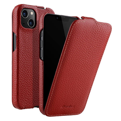 MELKCO For iPhone 14 Plus Litchi Texture Vertical Flip Cover Genuine Cow Leather+PC Phone Case
