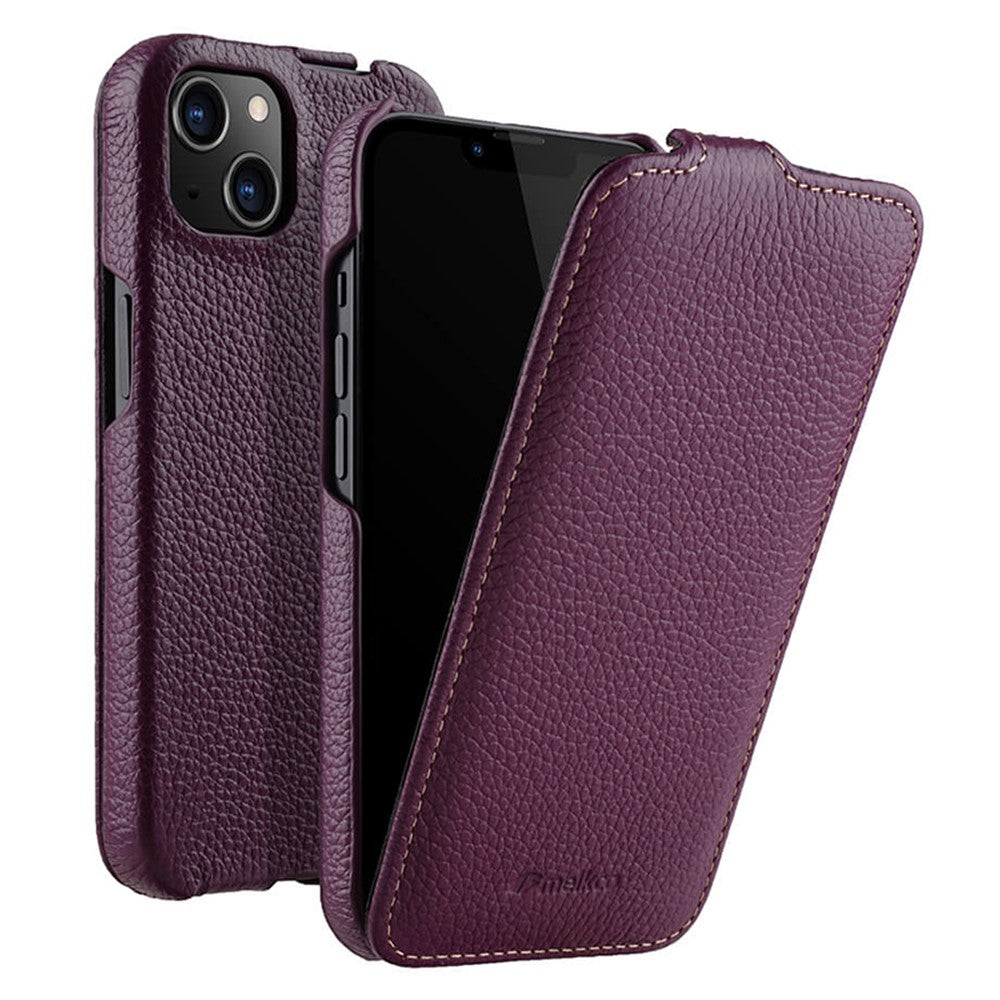 MELKCO For iPhone 14 Plus Litchi Texture Vertical Flip Cover Genuine Cow Leather+PC Phone Case