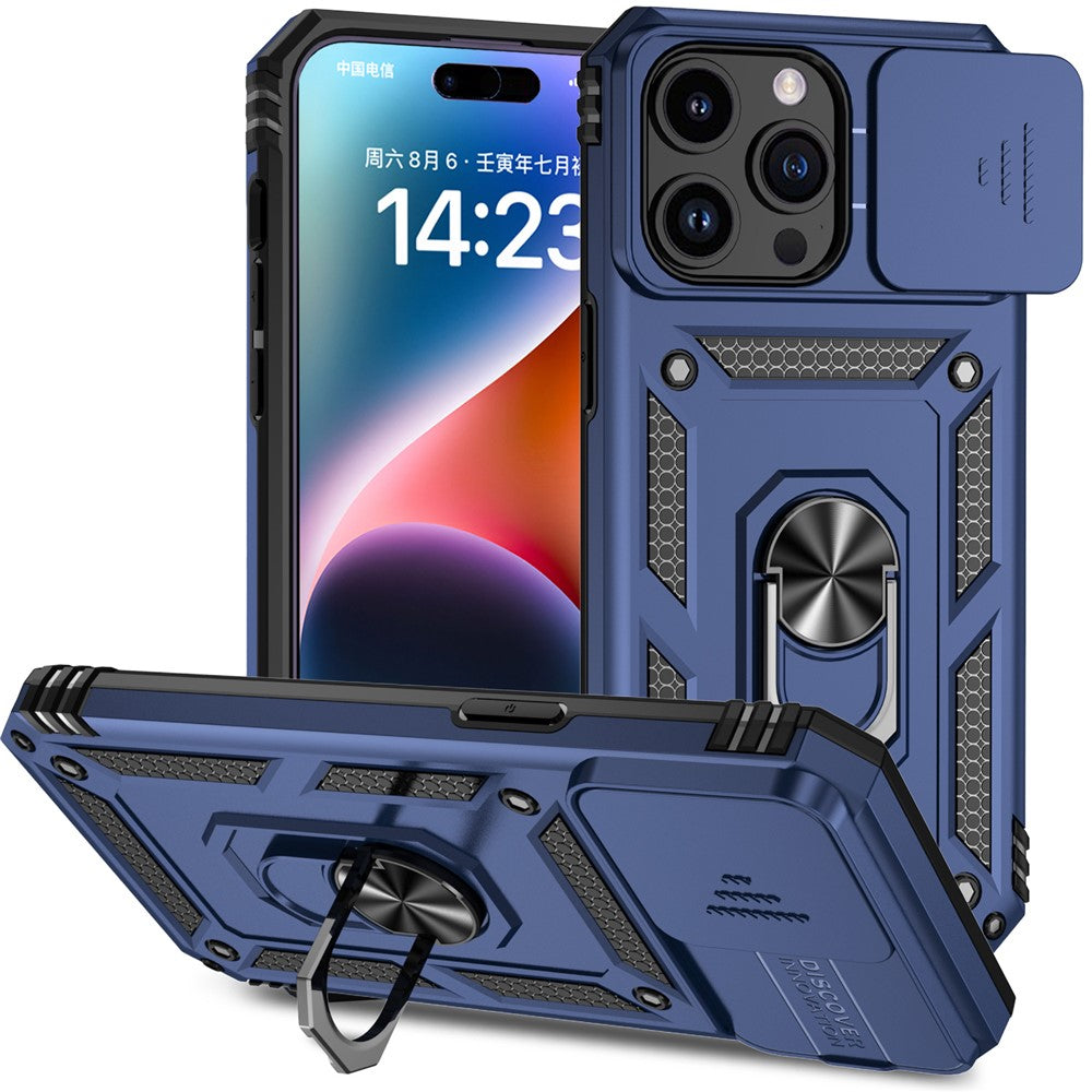 For iPhone 15 Pro Max Slide Camera Protector Phone Case Metal Ring Kickstand Anti-scratch PC + TPU Cover