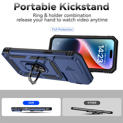 For iPhone 15 Pro Max Slide Camera Protector Phone Case Metal Ring Kickstand Anti-scratch PC + TPU Cover