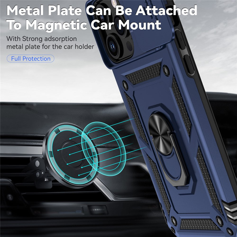 For iPhone 15 Pro Max Slide Camera Protector Phone Case Metal Ring Kickstand Anti-scratch PC + TPU Cover
