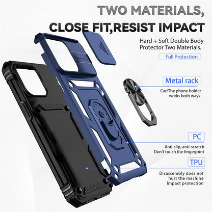For iPhone 15 Pro Max Slide Camera Protector Phone Case Metal Ring Kickstand Anti-scratch PC + TPU Cover