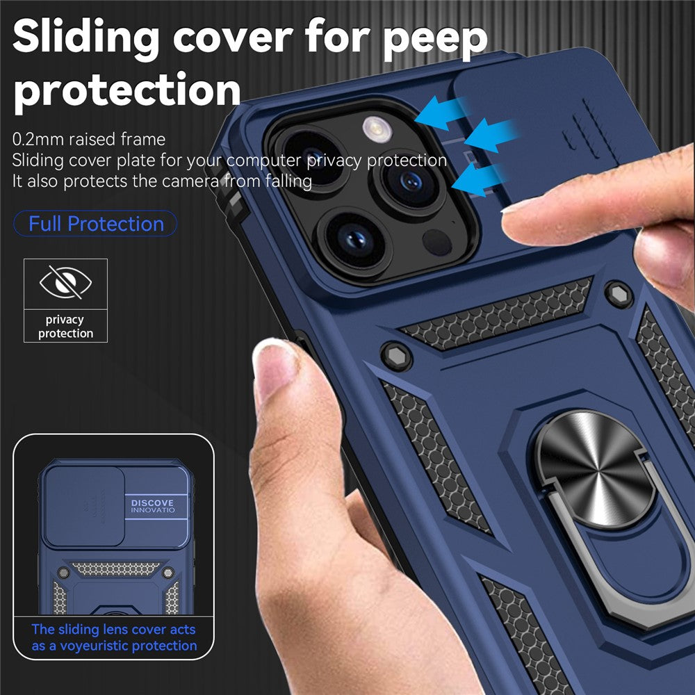 For iPhone 15 Pro Max Slide Camera Protector Phone Case Metal Ring Kickstand Anti-scratch PC + TPU Cover