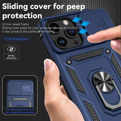 For iPhone 15 Pro Max Slide Camera Protector Phone Case Metal Ring Kickstand Anti-scratch PC + TPU Cover