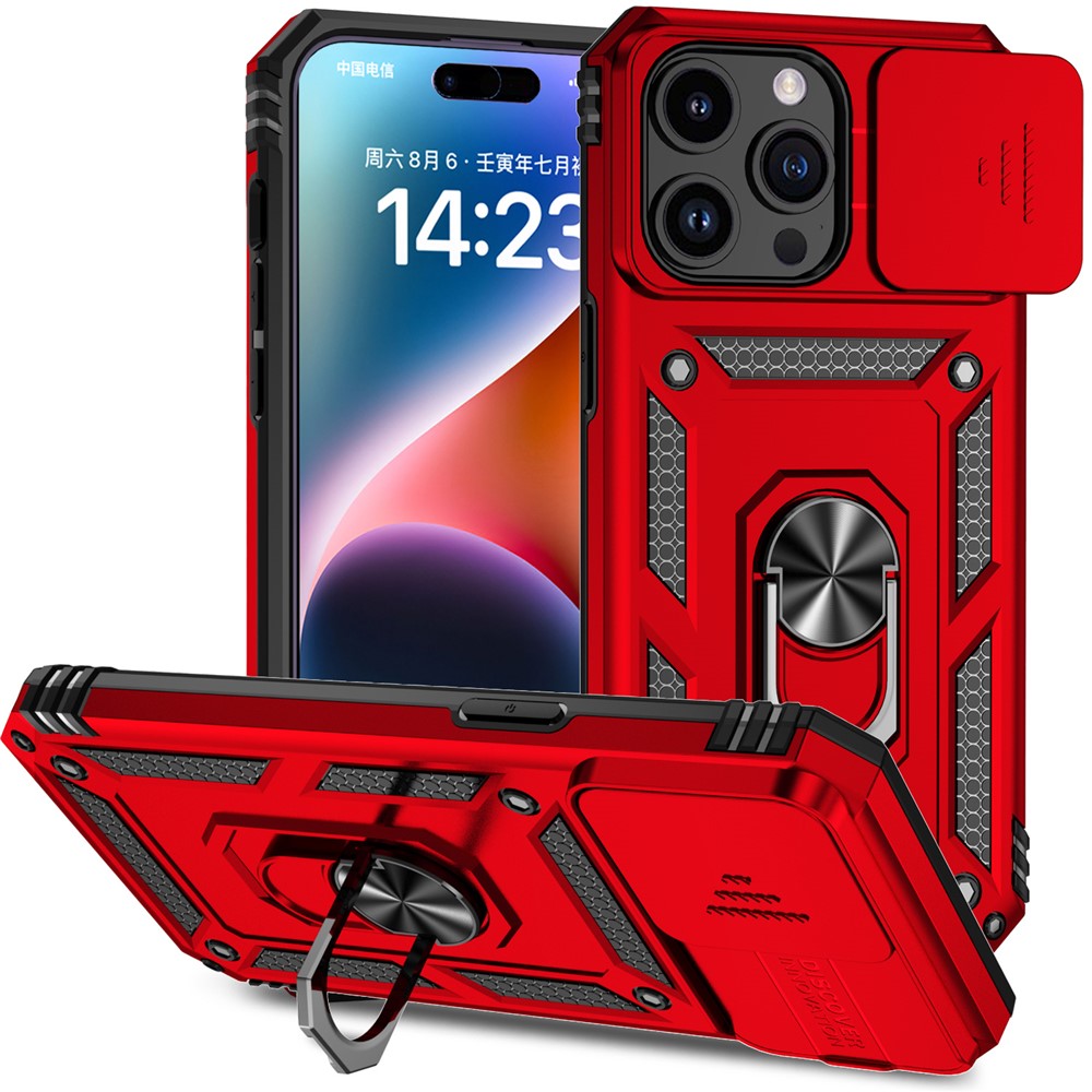 For iPhone 15 Pro Max Slide Camera Protector Phone Case Metal Ring Kickstand Anti-scratch PC + TPU Cover