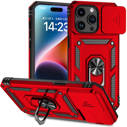 For iPhone 15 Pro Max Slide Camera Protector Phone Case Metal Ring Kickstand Anti-scratch PC + TPU Cover