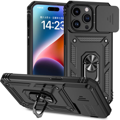 For iPhone 15 Pro Max Slide Camera Protector Phone Case Metal Ring Kickstand Anti-scratch PC + TPU Cover