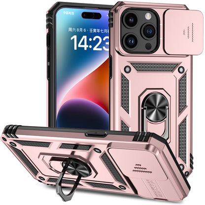 For iPhone 15 Pro Max Slide Camera Protector Phone Case Metal Ring Kickstand Anti-scratch PC + TPU Cover
