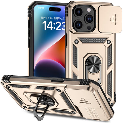 For iPhone 15 Pro Max Slide Camera Protector Phone Case Metal Ring Kickstand Anti-scratch PC + TPU Cover