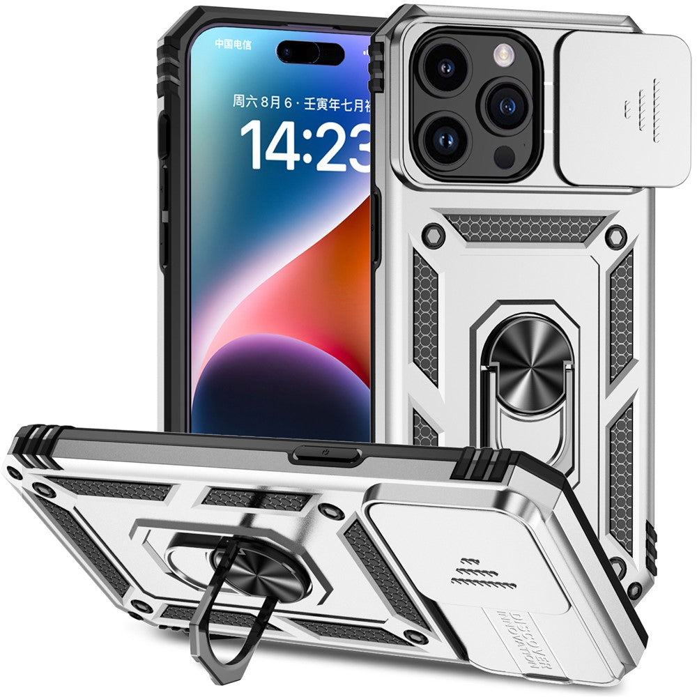 For iPhone 15 Pro Max Slide Camera Protector Phone Case Metal Ring Kickstand Anti-scratch PC + TPU Cover