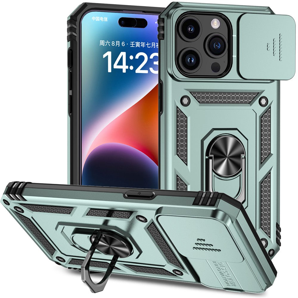 For iPhone 15 Pro Max Slide Camera Protector Phone Case Metal Ring Kickstand Anti-scratch PC + TPU Cover