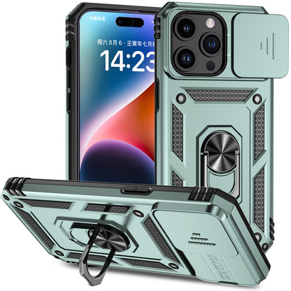 For iPhone 15 Pro Max Slide Camera Protector Phone Case Metal Ring Kickstand Anti-scratch PC + TPU Cover