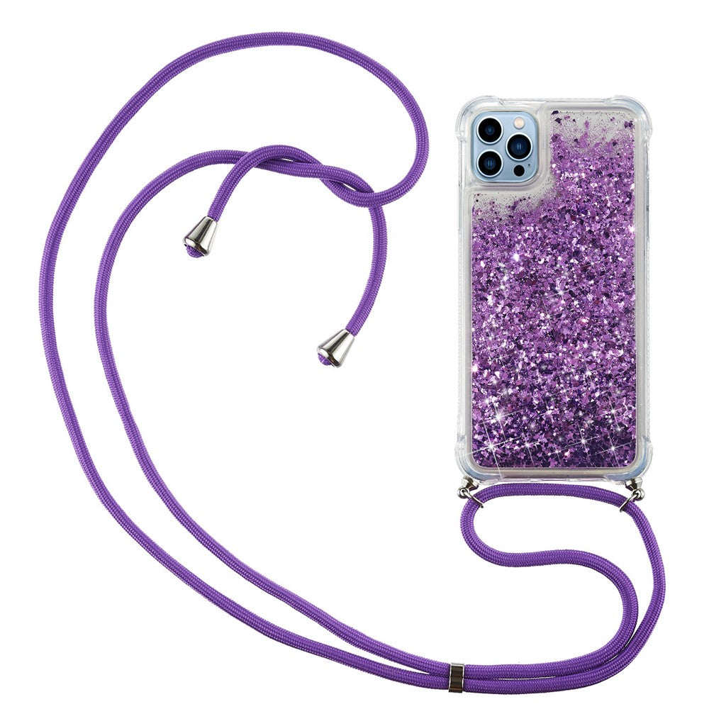 For iPhone 15 Pro Max Mobile Phone Cover Liquid Sequins Case TPU Cell Phone Shell with Long Strap