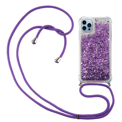For iPhone 15 Pro Max Mobile Phone Cover Liquid Sequins Case TPU Cell Phone Shell with Long Strap