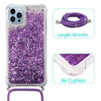 For iPhone 15 Pro Max Mobile Phone Cover Liquid Sequins Case TPU Cell Phone Shell with Long Strap