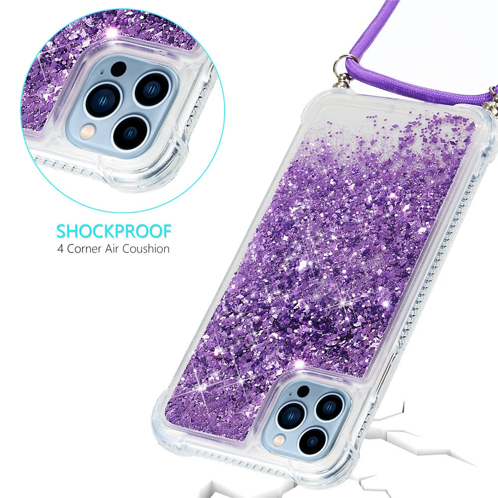 For iPhone 15 Pro Max Mobile Phone Cover Liquid Sequins Case TPU Cell Phone Shell with Long Strap