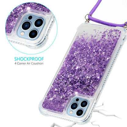 For iPhone 15 Pro Max Mobile Phone Cover Liquid Sequins Case TPU Cell Phone Shell with Long Strap