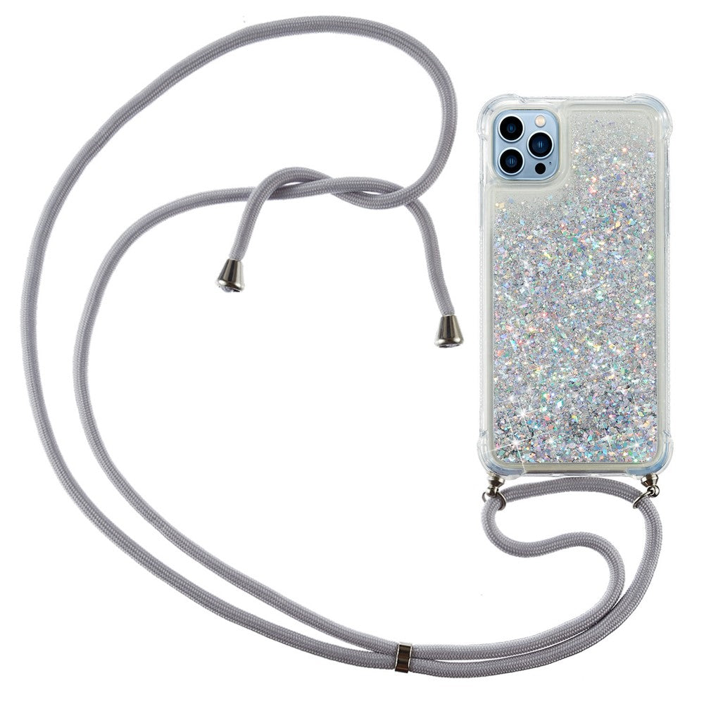 For iPhone 15 Pro Max Mobile Phone Cover Liquid Sequins Case TPU Cell Phone Shell with Long Strap