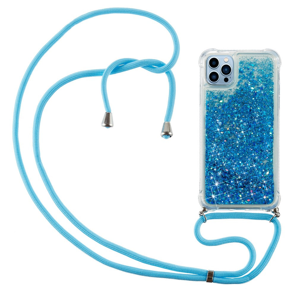 For iPhone 15 Pro Max Mobile Phone Cover Liquid Sequins Case TPU Cell Phone Shell with Long Strap