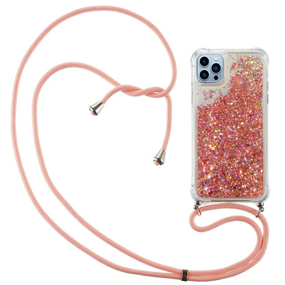 For iPhone 15 Pro Max Mobile Phone Cover Liquid Sequins Case TPU Cell Phone Shell with Long Strap