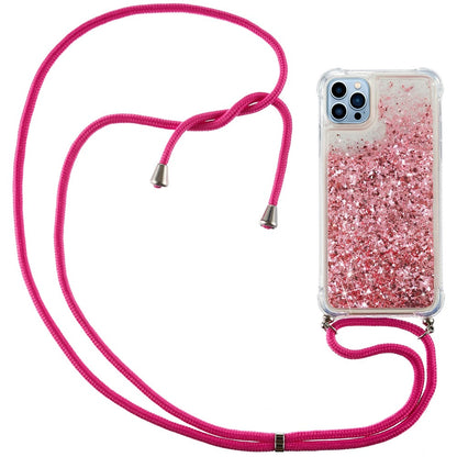 For iPhone 15 Pro Max Mobile Phone Cover Liquid Sequins Case TPU Cell Phone Shell with Long Strap