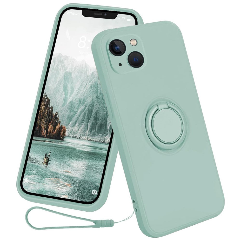 For iPhone 15 Ring Kickstand Phone Case Liquid Silicone Shockproof Cover with Hand Strap
