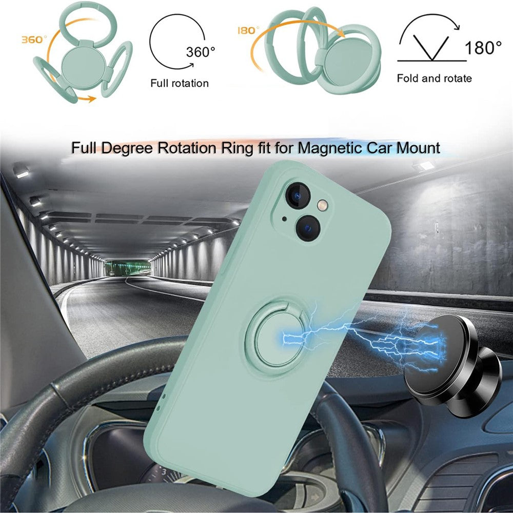For iPhone 15 Ring Kickstand Phone Case Liquid Silicone Shockproof Cover with Hand Strap