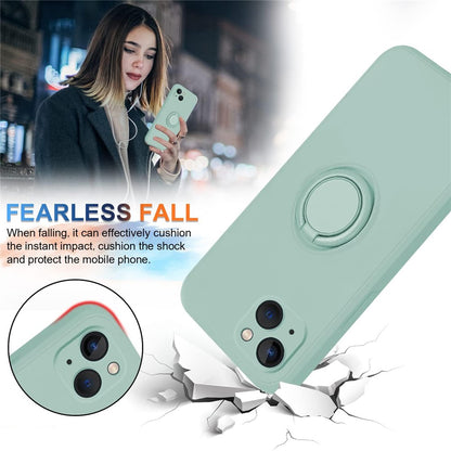 For iPhone 15 Ring Kickstand Phone Case Liquid Silicone Shockproof Cover with Hand Strap