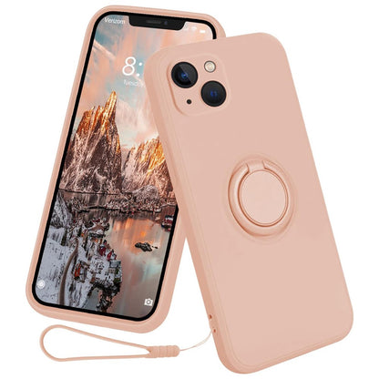 For iPhone 15 Ring Kickstand Phone Case Liquid Silicone Shockproof Cover with Hand Strap