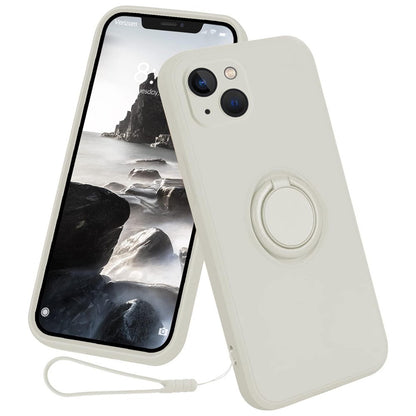 For iPhone 15 Ring Kickstand Phone Case Liquid Silicone Shockproof Cover with Hand Strap