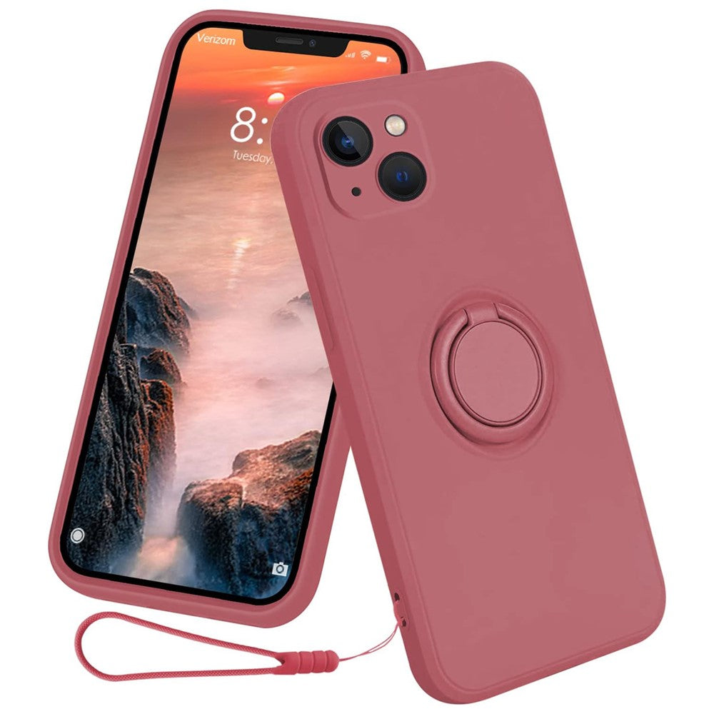For iPhone 15 Ring Kickstand Phone Case Liquid Silicone Shockproof Cover with Hand Strap