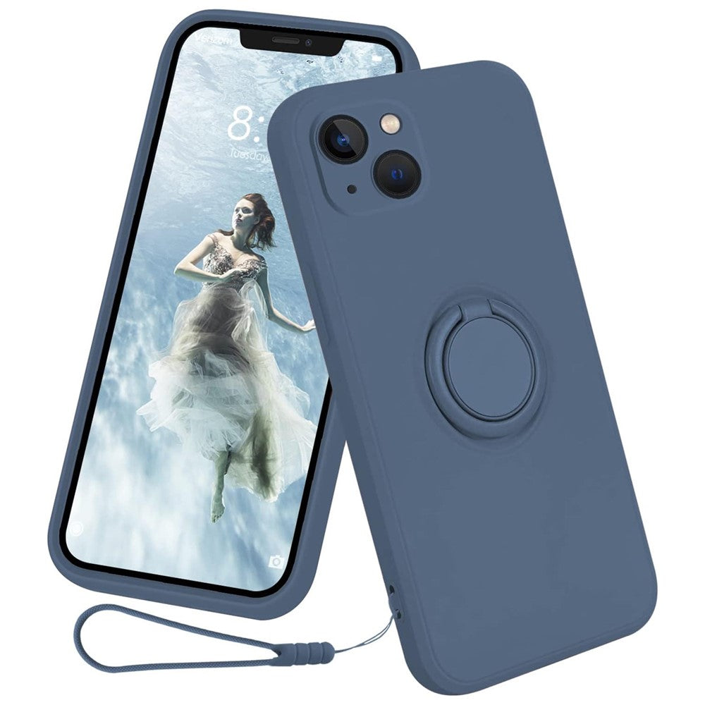 For iPhone 15 Ring Kickstand Phone Case Liquid Silicone Shockproof Cover with Hand Strap
