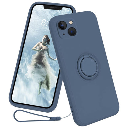 For iPhone 15 Ring Kickstand Phone Case Liquid Silicone Shockproof Cover with Hand Strap