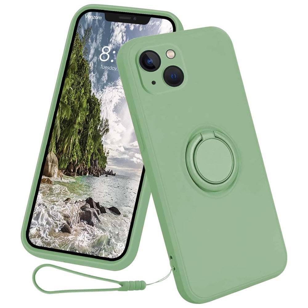 For iPhone 15 Ring Kickstand Phone Case Liquid Silicone Shockproof Cover with Hand Strap
