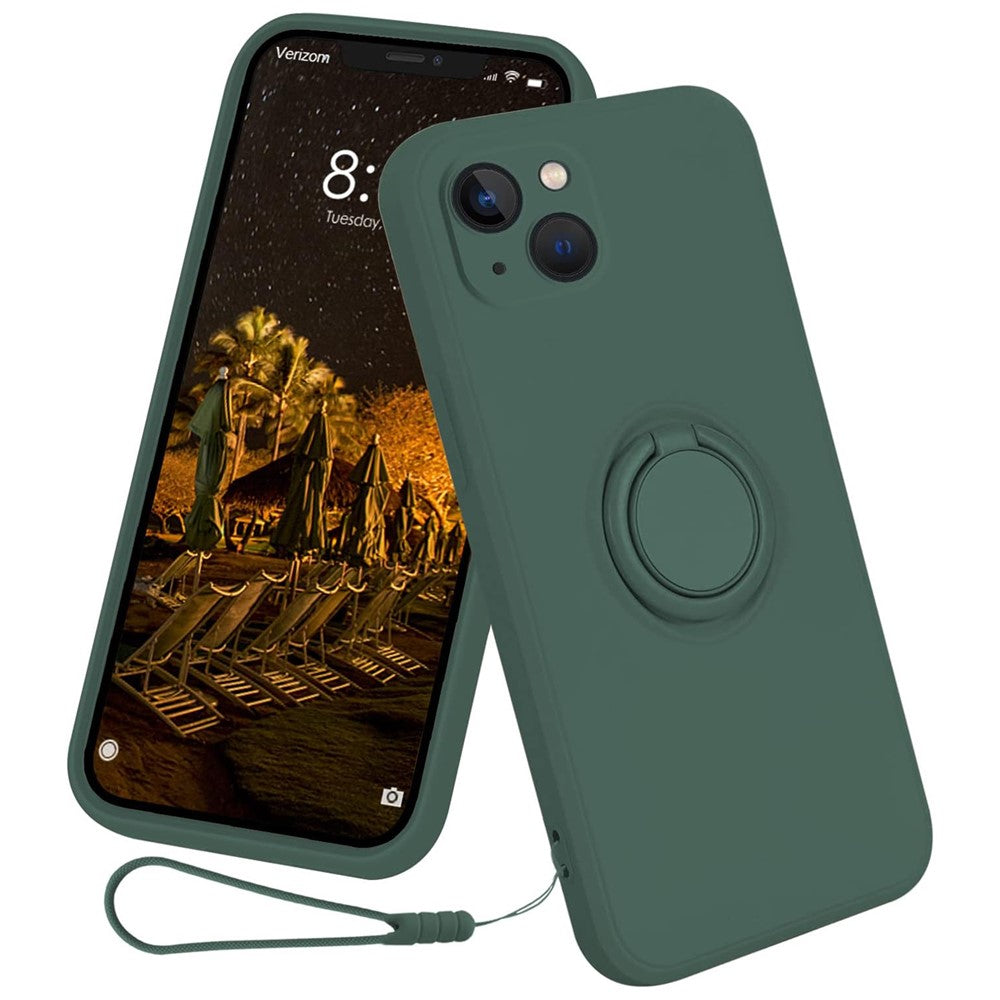 For iPhone 15 Ring Kickstand Phone Case Liquid Silicone Shockproof Cover with Hand Strap