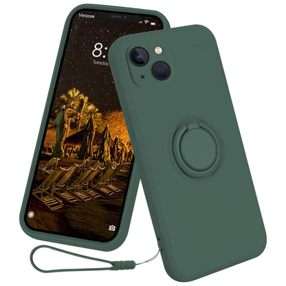 For iPhone 15 Ring Kickstand Phone Case Liquid Silicone Shockproof Cover with Hand Strap