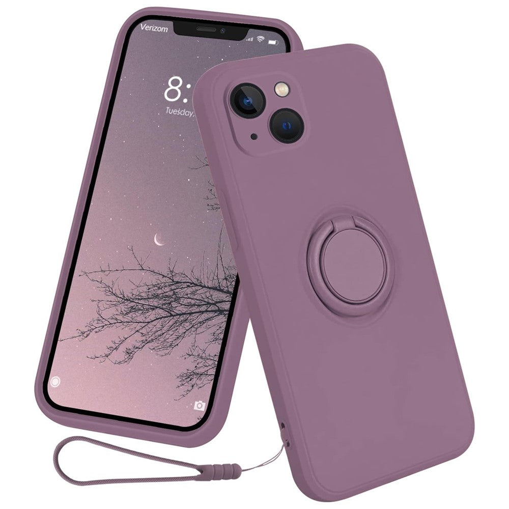 For iPhone 15 Ring Kickstand Phone Case Liquid Silicone Shockproof Cover with Hand Strap