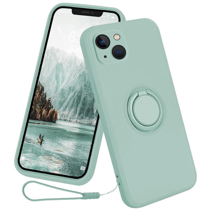 For iPhone 15 Plus Liquid Silicone Back Cover Ring Kickstand Phone Case with Wrist Rope